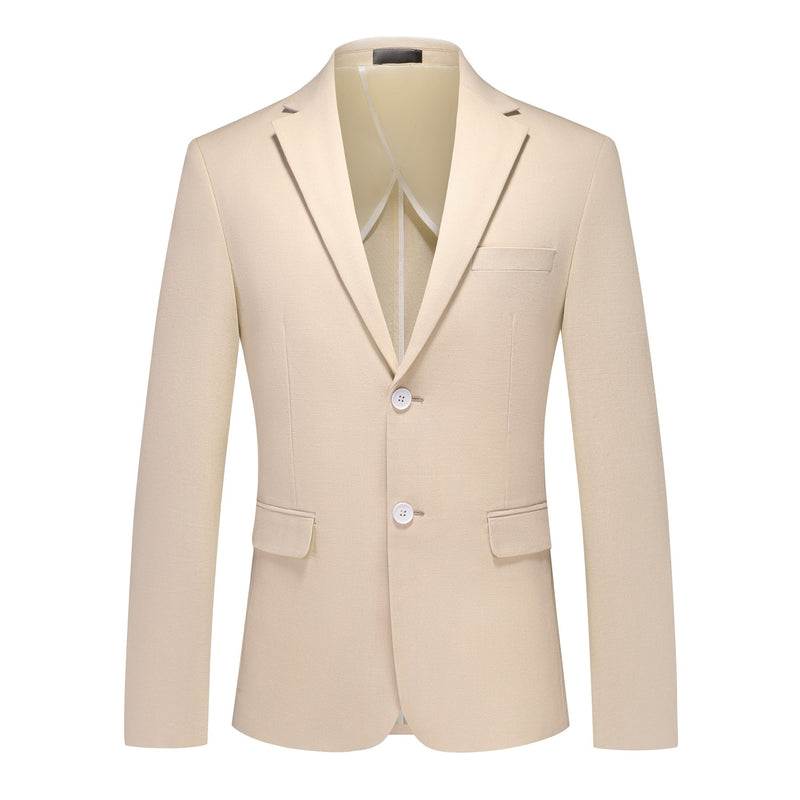 Front view of a men's beige two-piece suit, featuring a single-breasted jacket with two white buttons and matching flat-front