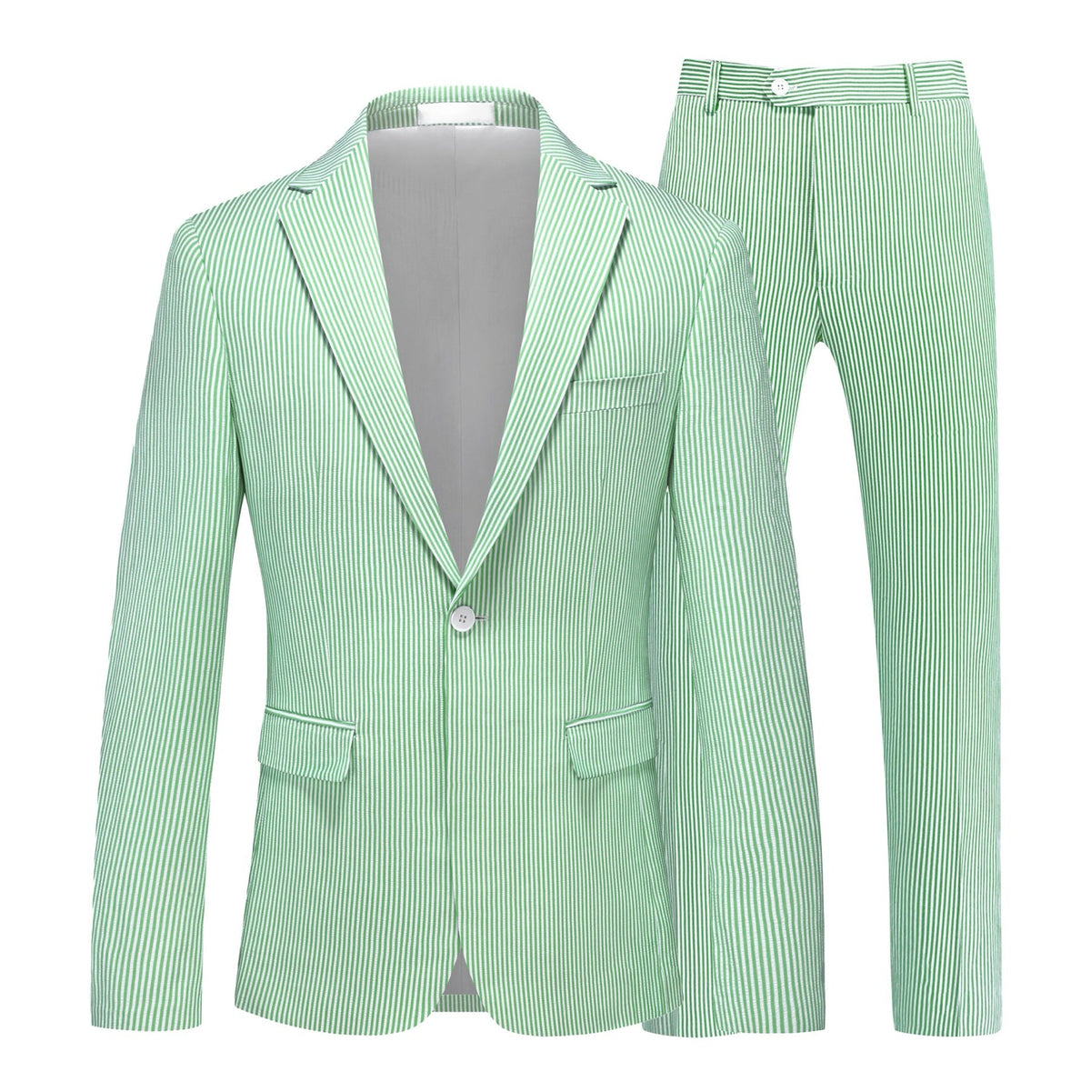 Front view of a men's light green and white striped seersucker suit, including a single-breasted blazer and matching