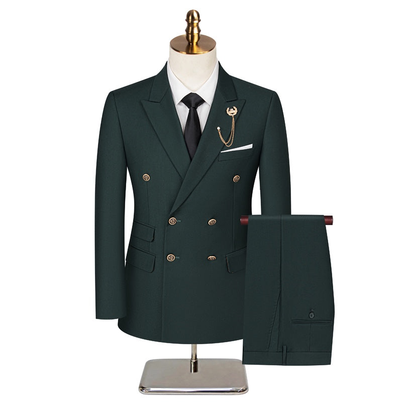 Full view of a men's dark green double-breasted suit with gold buttons, white shirt, and black tie on a mannequin.