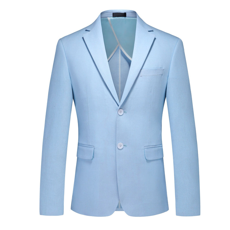 Front view of a men's light blue slim fit two-piece suit with a two-button blazer and matching trousers.