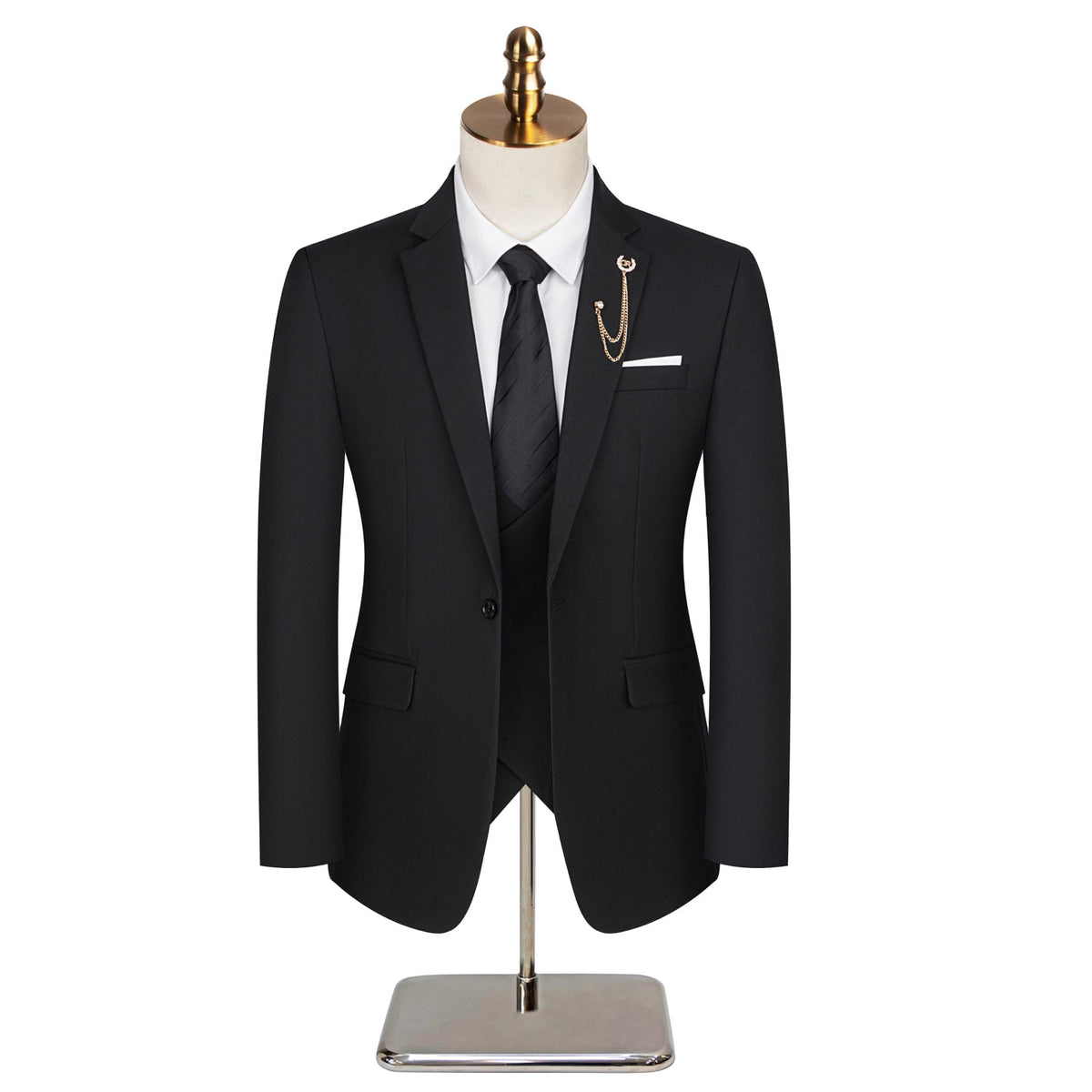 Full view of a Suitmine Men's Black Slim Fit 3-Piece Suit on a mannequin, featuring a blazer, vest, and trousers, accented