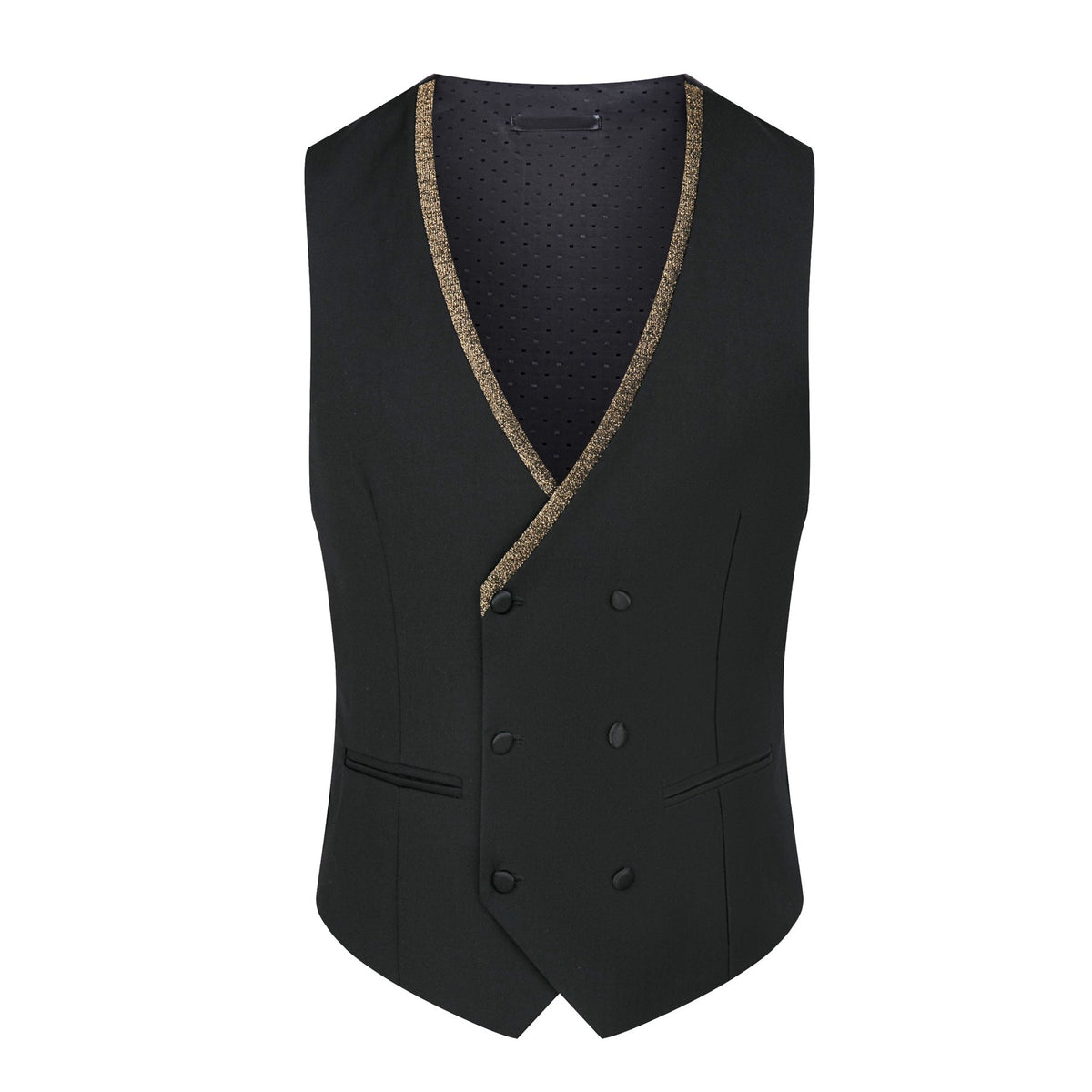 A black men's 3-piece jacquard suit with gold glitter trim on the lapels and vest, displayed on a mannequin.