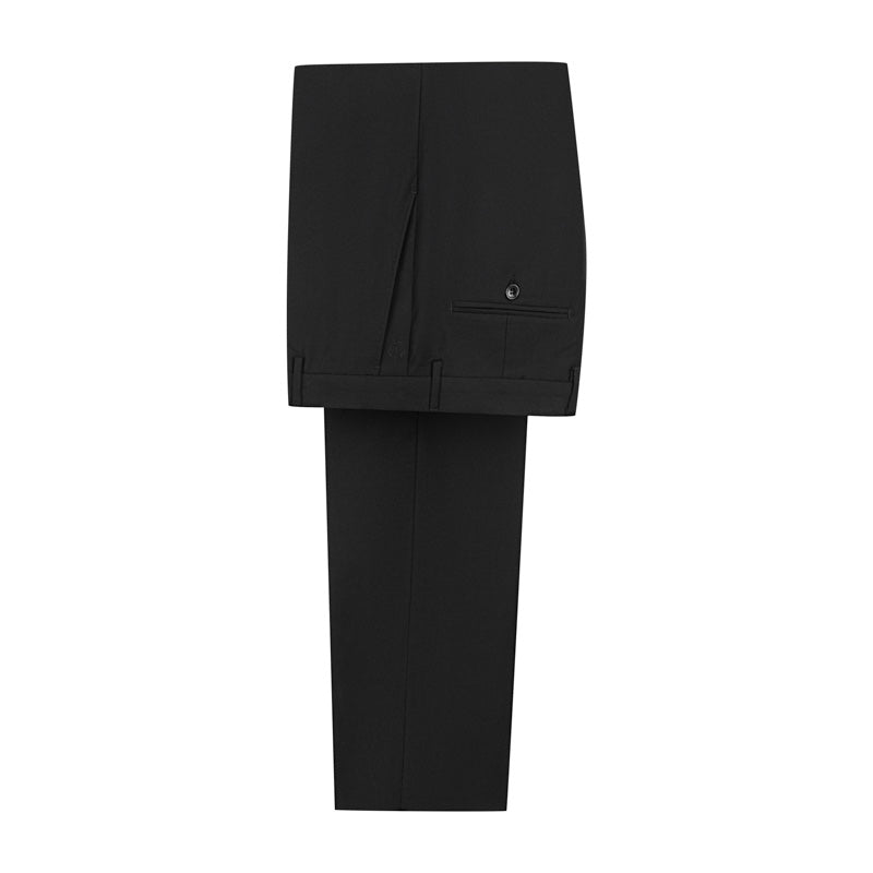 Men's black jacquard double-breasted suit with beaded lapels and matching plain black trousers.