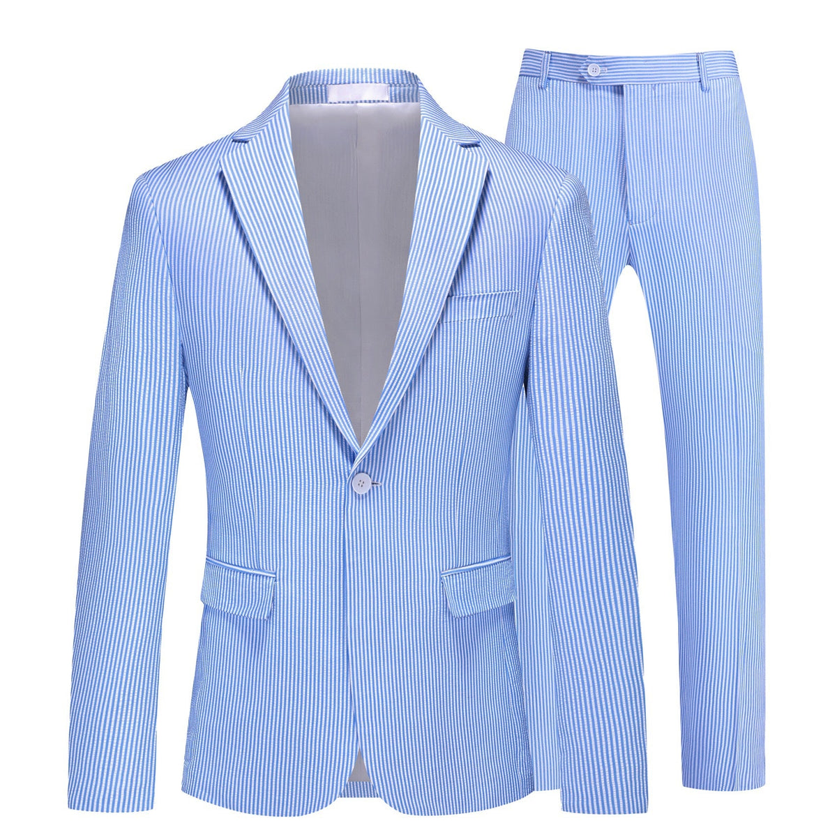 Front view of a men's light blue and white striped seersucker suit, including a single-breasted jacket and matching trousers.