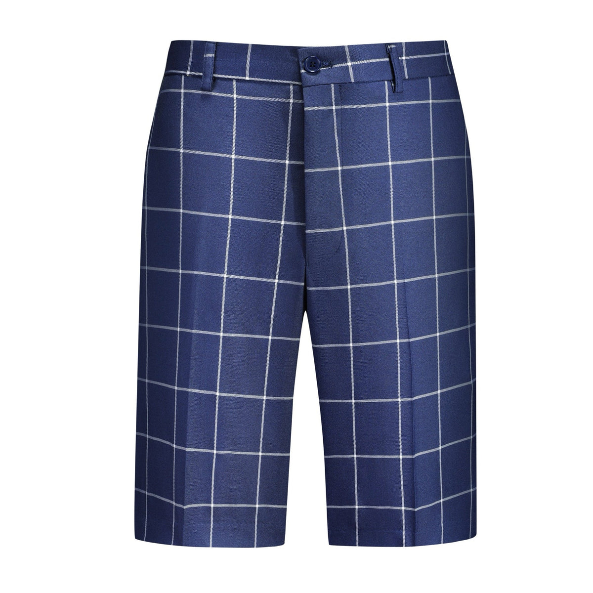 Men's blue suit shorts and matching blazer with white windowpane plaid pattern
