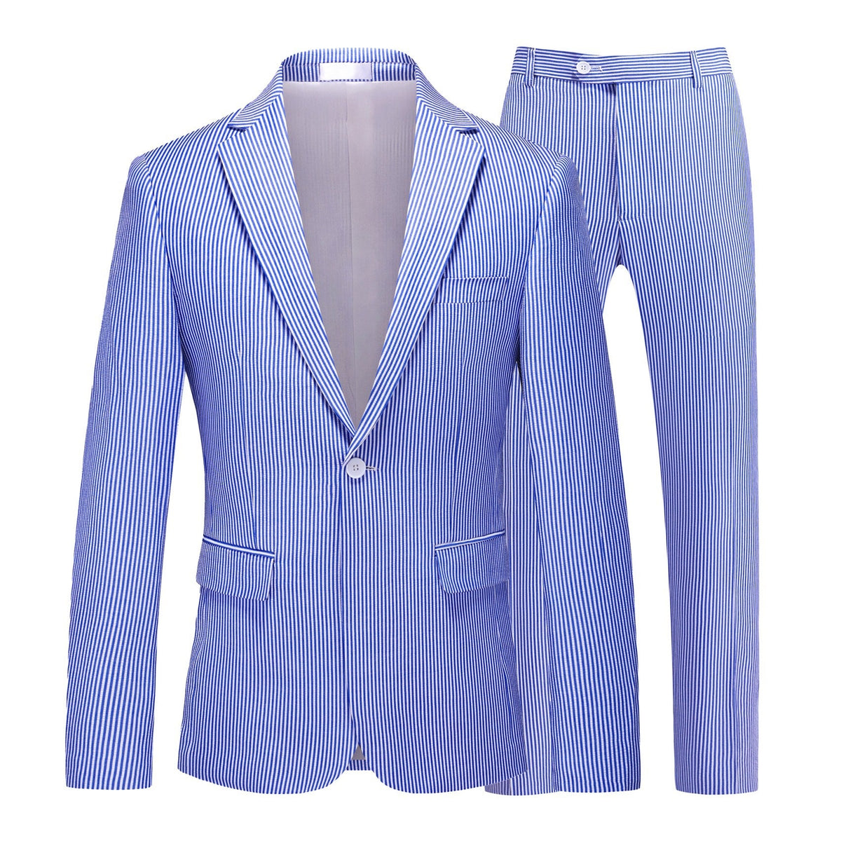 Front view of a men's blue and white pinstripe two-piece suit, including a single-breasted blazer and matching trousers.