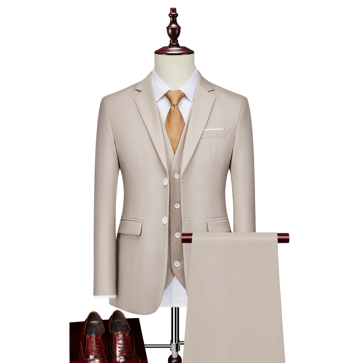 Men's slim fit 3 piece suit in various colors, featuring a jacket, vest, and trousers, styled with a white shirt, tie, and