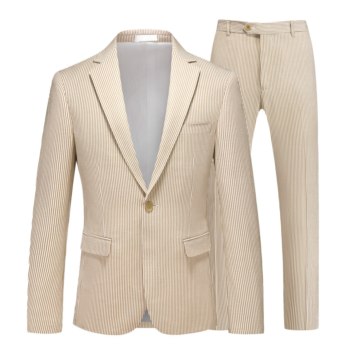 A men's beige and white striped seersucker two-piece suit, including a single-breasted jacket and matching trousers,
