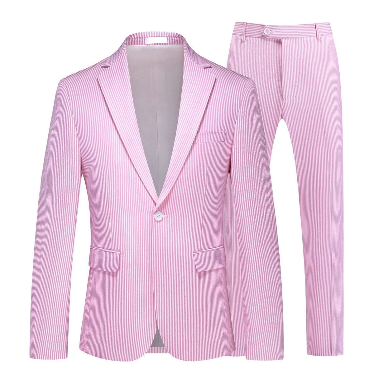 Front view of a men's two-piece pink and white striped seersucker suit with a single-breasted jacket and matching trousers.