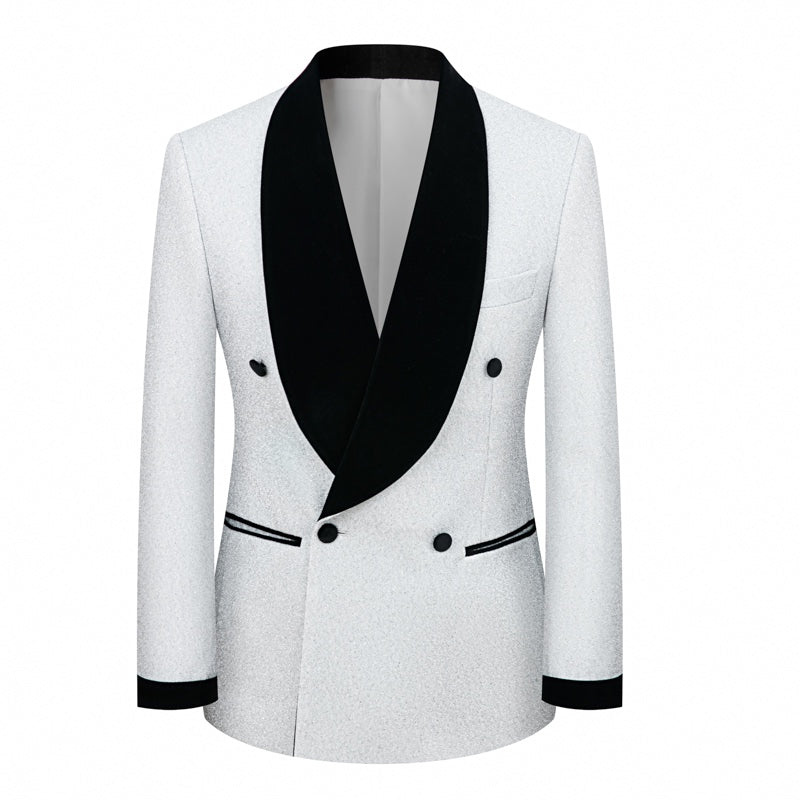 Men's double-breasted sparkly tuxedo jacket with black velvet shawl lapel