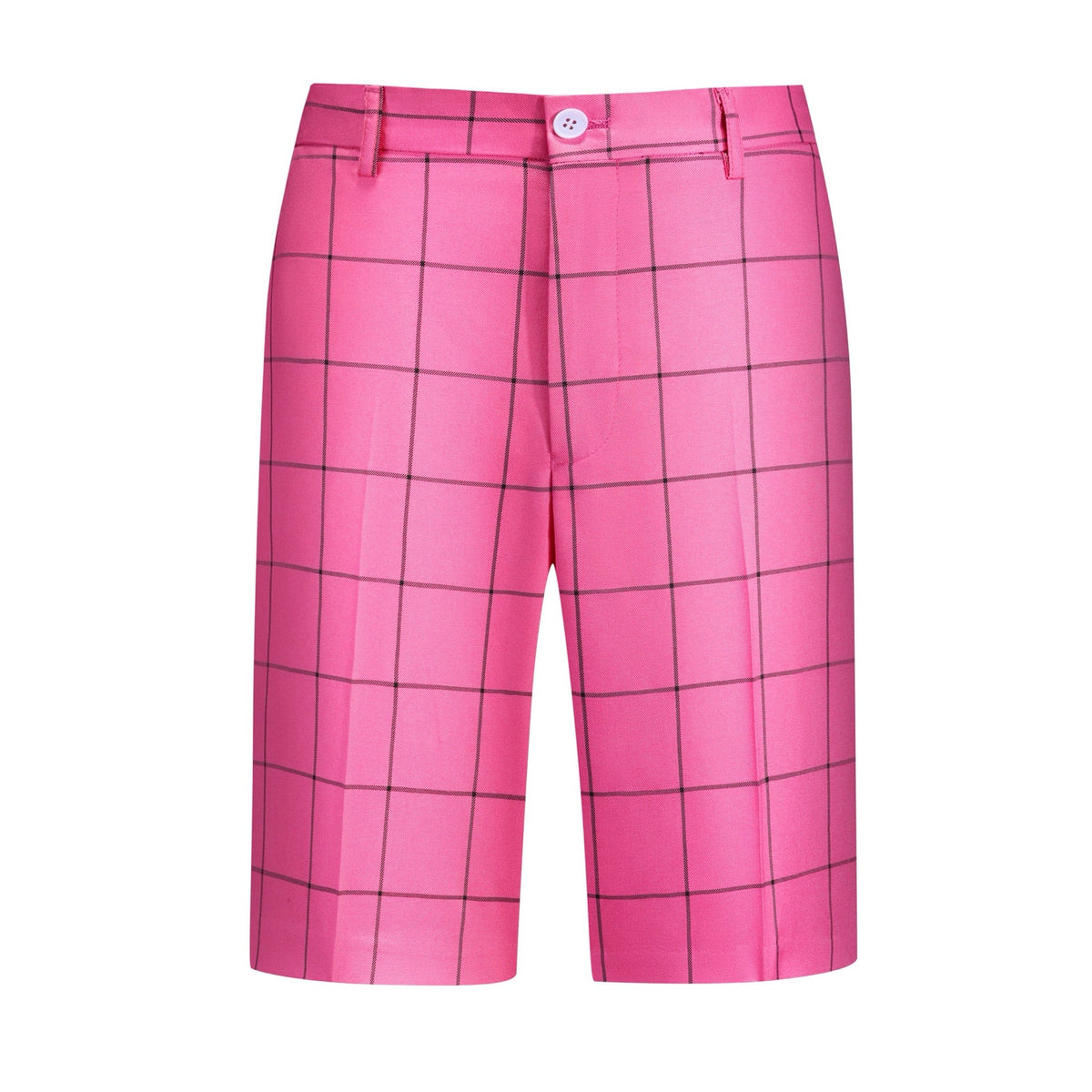 Front view of a men's bright pink plaid blazer and matching shorts set.