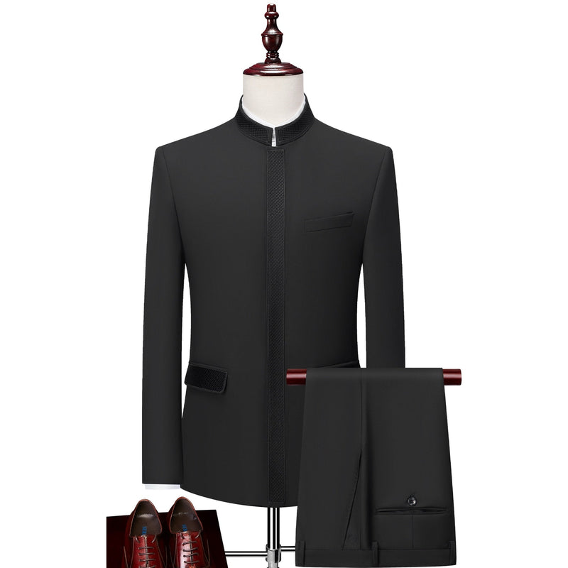 A collection of Suitmine men's mandarin collar suits in black, beige, dark green, and navy blue, featuring textured trim
