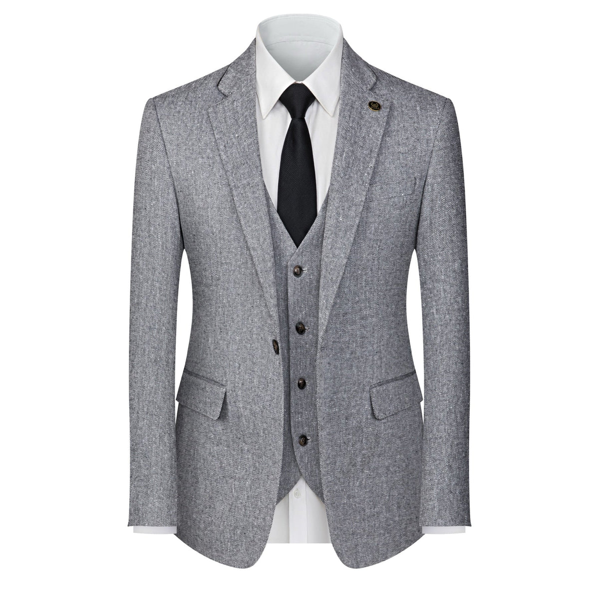 A men's grey textured three-piece suit with a single-breasted jacket, vest, and trousers, featuring black elbow patches on