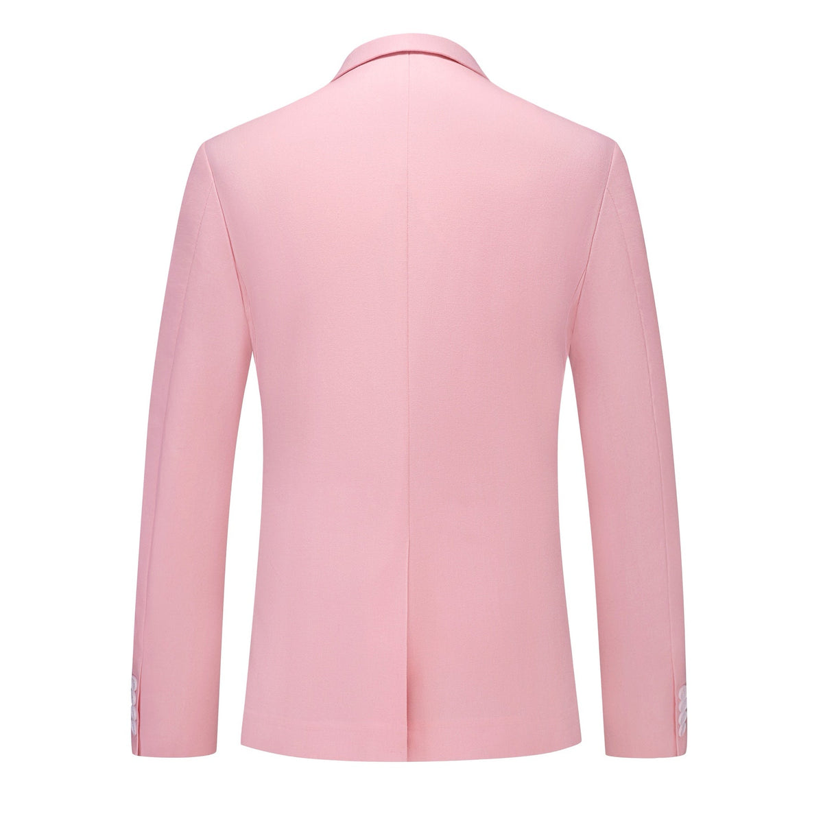 Front view of a men's light pink slim fit suit, featuring a two-button blazer and matching trousers.