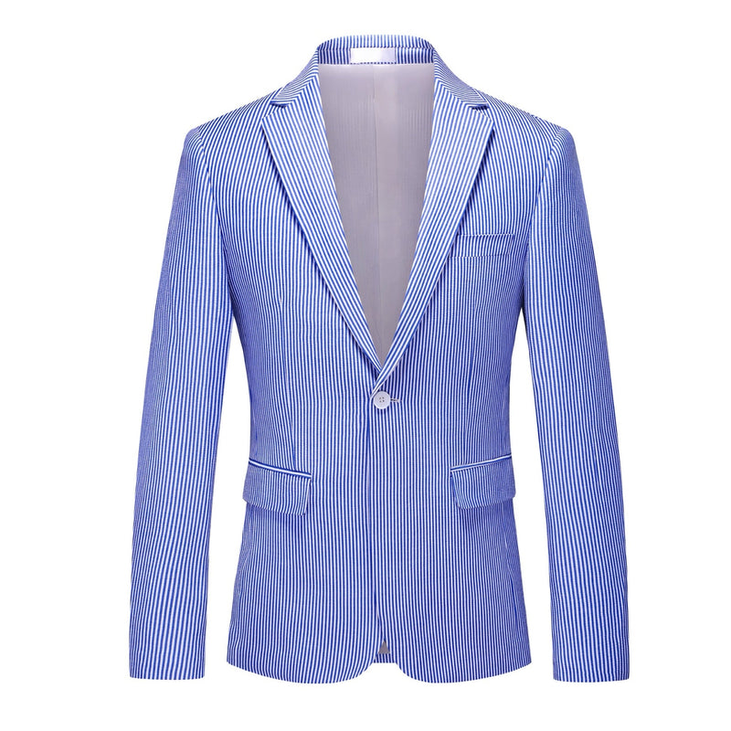 Front view of a men's blue and white pinstripe two-piece suit, including a single-breasted blazer and matching trousers.