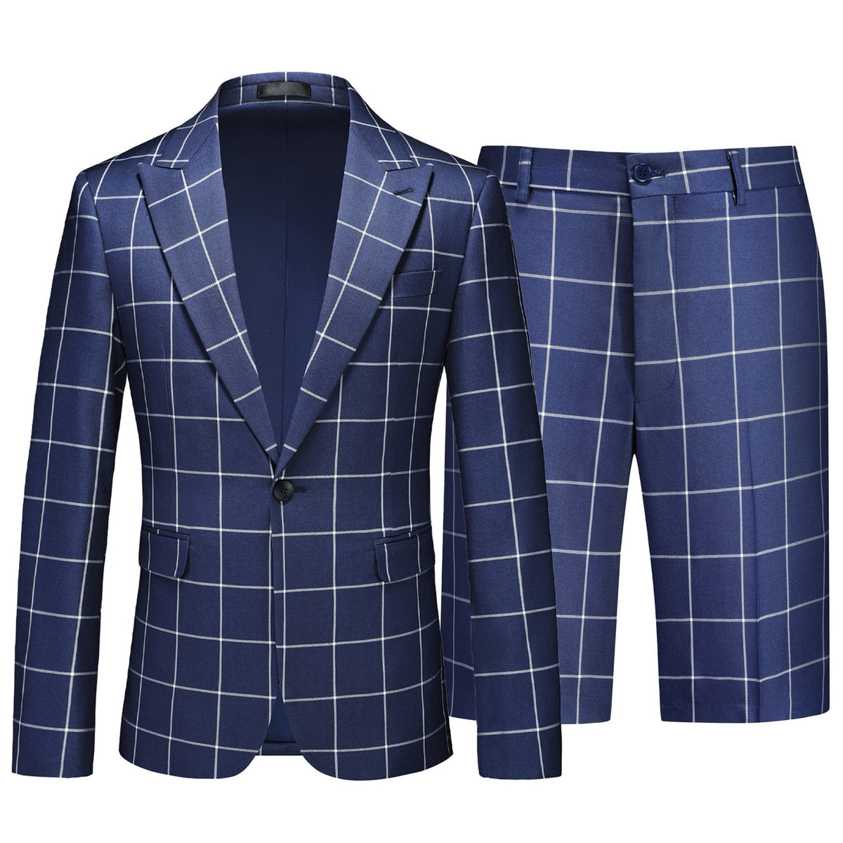 Men's blue suit shorts and matching blazer with white windowpane plaid pattern