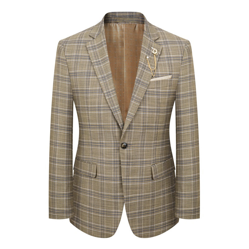 Men's plaid three-piece suit with single-breasted jacket, vest, and trousers on a mannequin and individual shots.