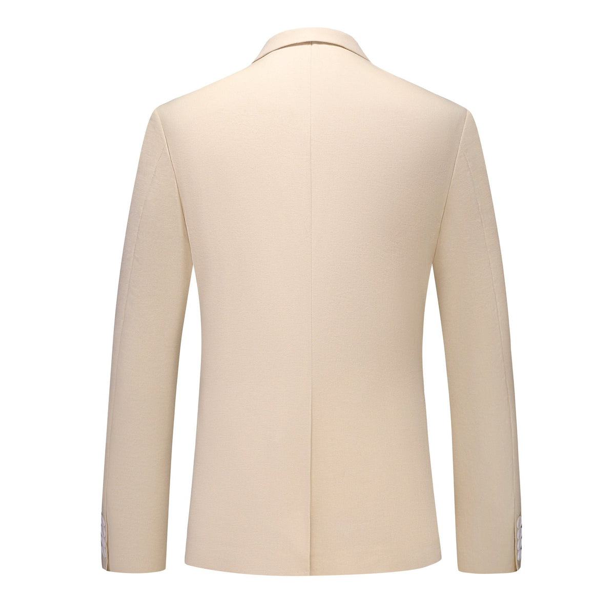 Front view of a men's beige two-piece suit, featuring a single-breasted jacket with two white buttons and matching flat-front