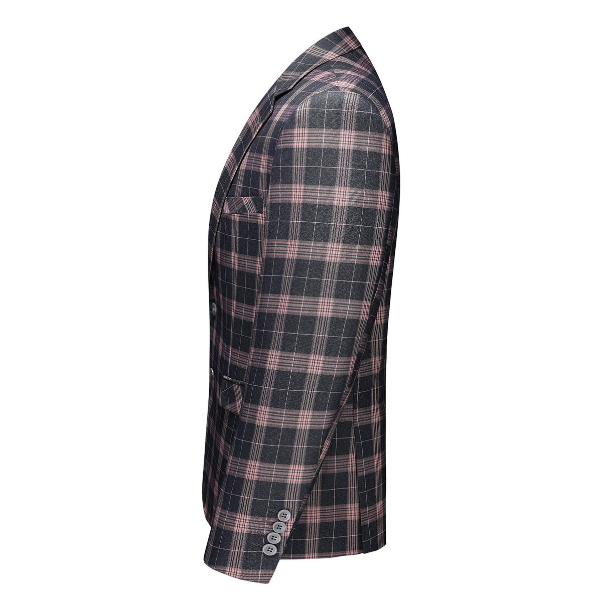 Front view of a men's dark gray and pink plaid three-piece suit, including blazer, vest, and trousers.