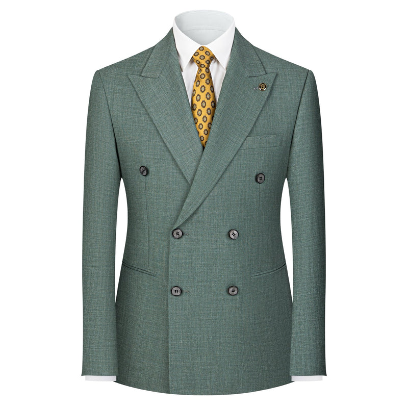 Full view of a men's green textured double-breasted suit with a yellow patterned tie, displayed on a mannequin, with matching