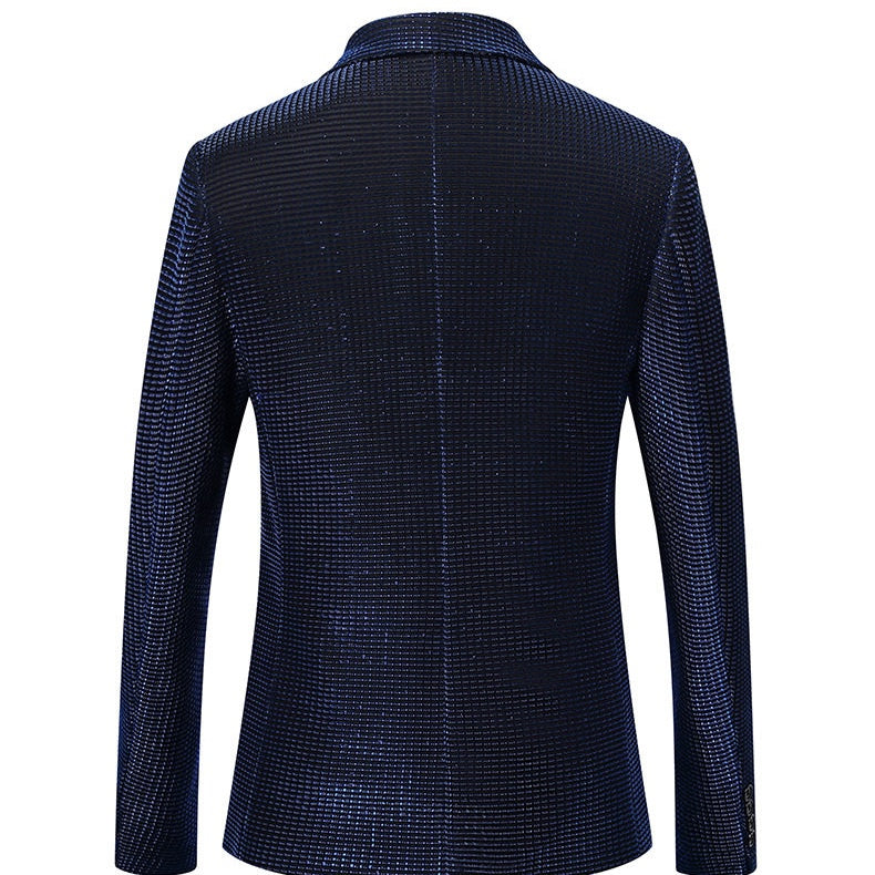 Front view of a Suitmine men's slim fit navy textured blazer with a shimmering grid pattern, paired with a white shirt.