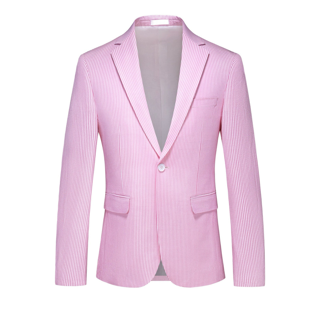 Front view of a men's two-piece pink and white striped seersucker suit with a single-breasted jacket and matching trousers.