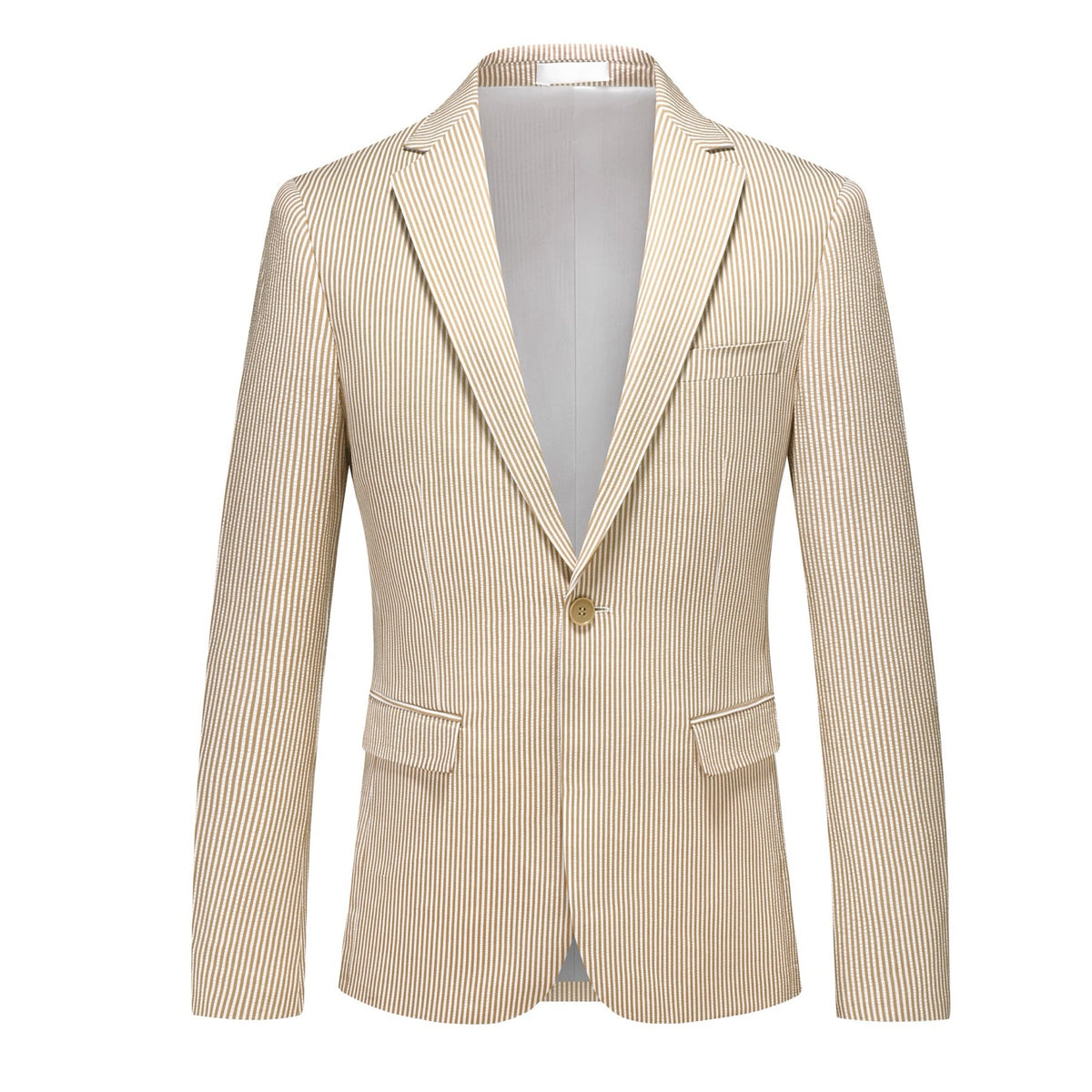 A men's beige and white striped seersucker two-piece suit, including a single-breasted jacket and matching trousers,
