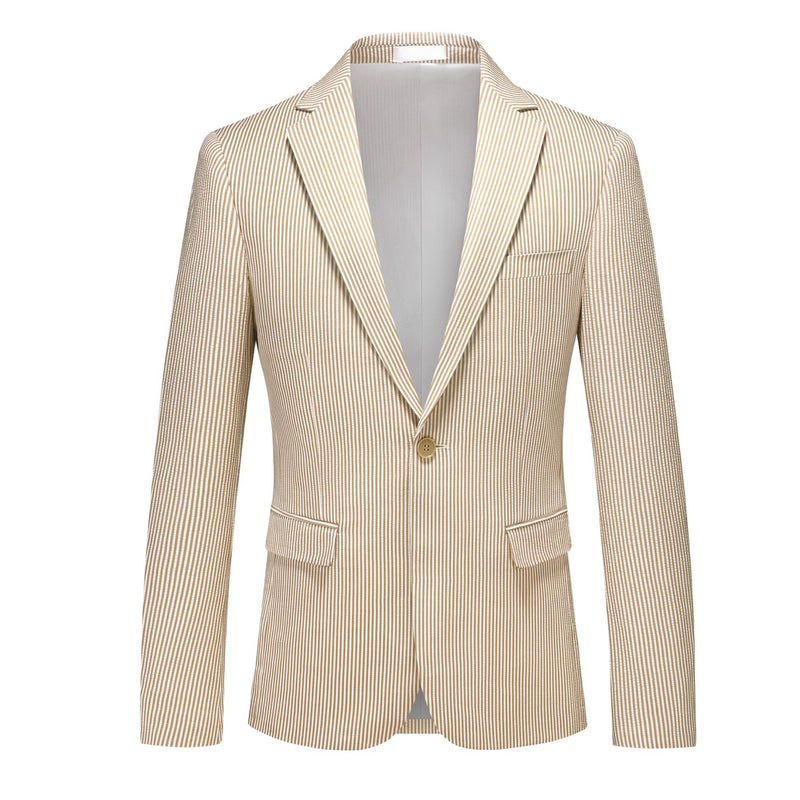 A men's beige and white striped seersucker two-piece suit, including a single-breasted jacket and matching trousers,