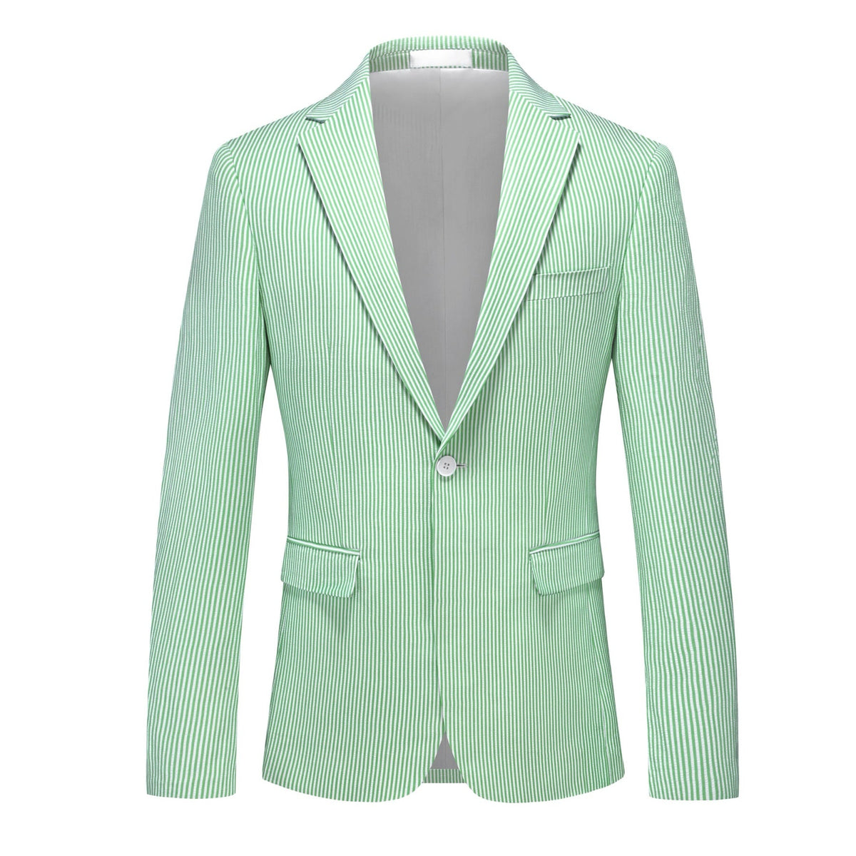 Front view of a men's light green and white striped seersucker suit, including a single-breasted blazer and matching