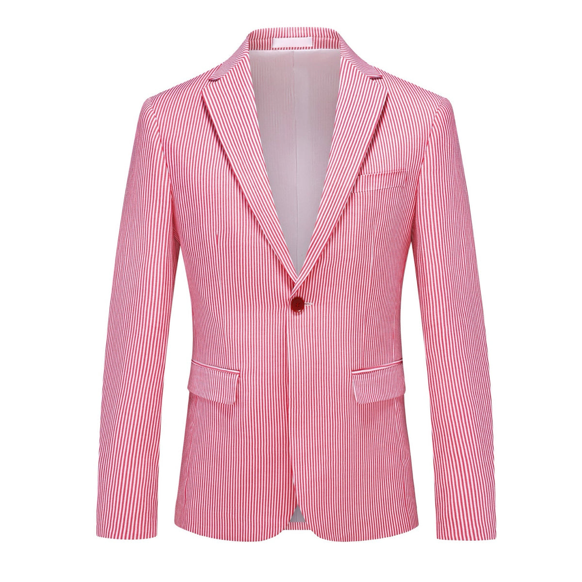 Front view of a men's red and white striped seersucker two-piece suit with a single-button blazer and matching trousers.