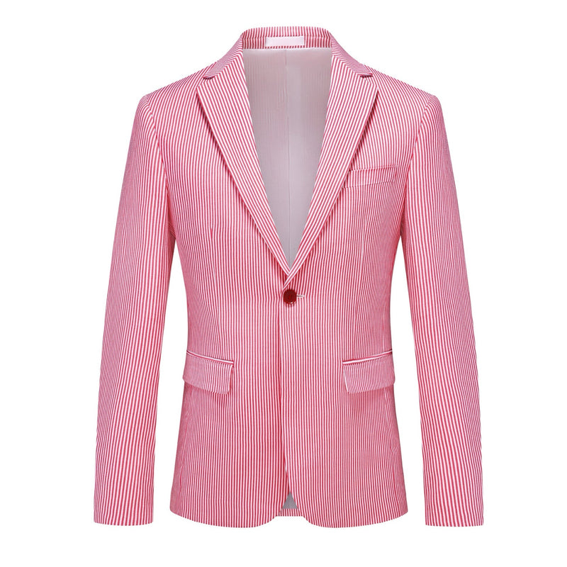Front view of a men's red and white striped seersucker two-piece suit with a single-button blazer and matching trousers.