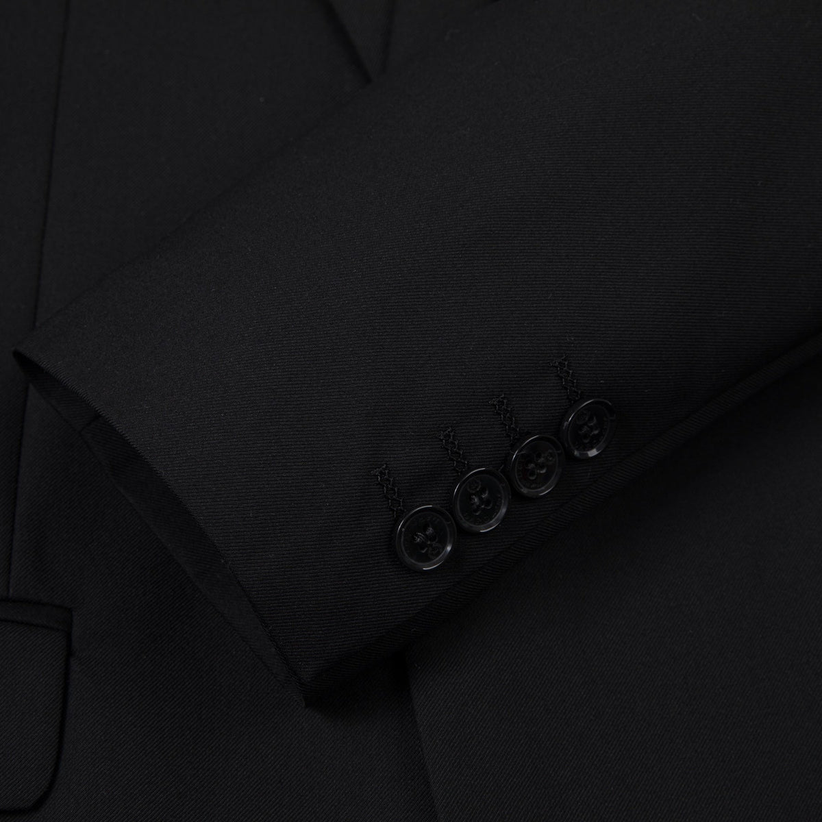 Full view of a Suitmine Men's Black Slim Fit 3-Piece Suit on a mannequin, featuring a blazer, vest, and trousers, accented