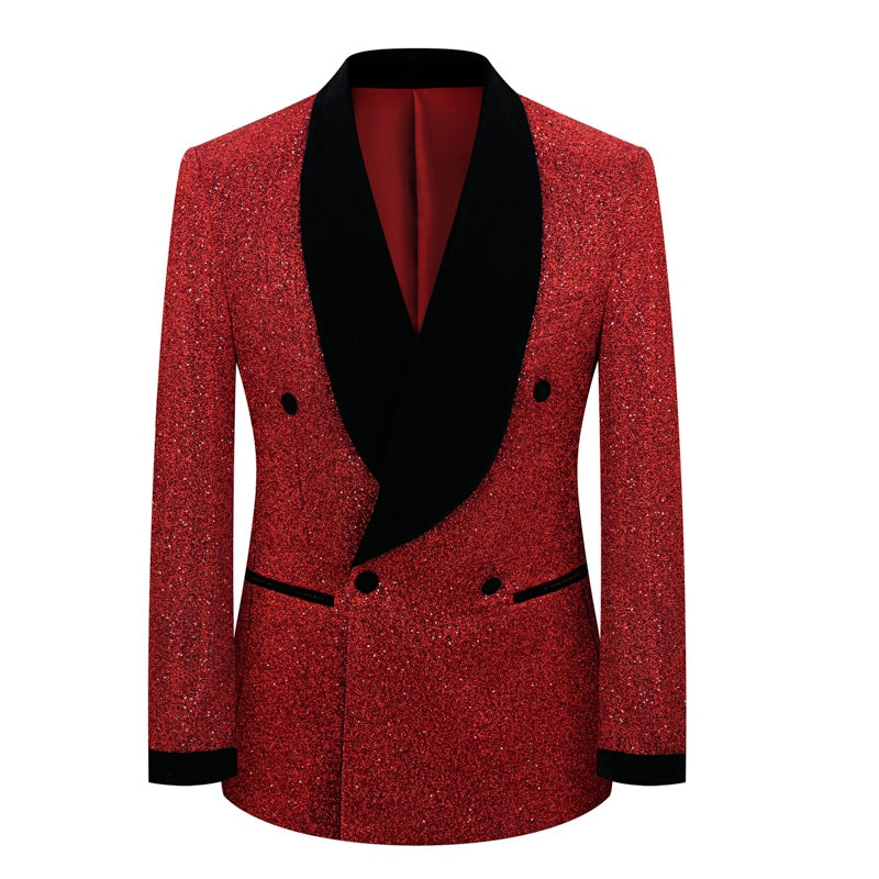 Men's double-breasted sparkly tuxedo jacket with black velvet shawl lapel