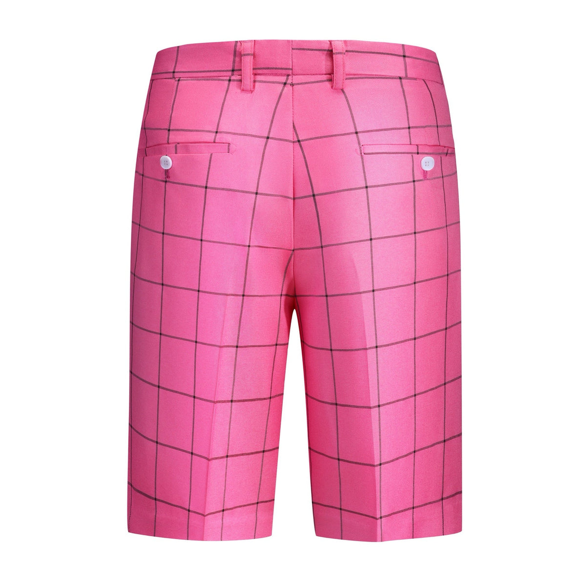 Front view of a men's bright pink plaid blazer and matching shorts set.