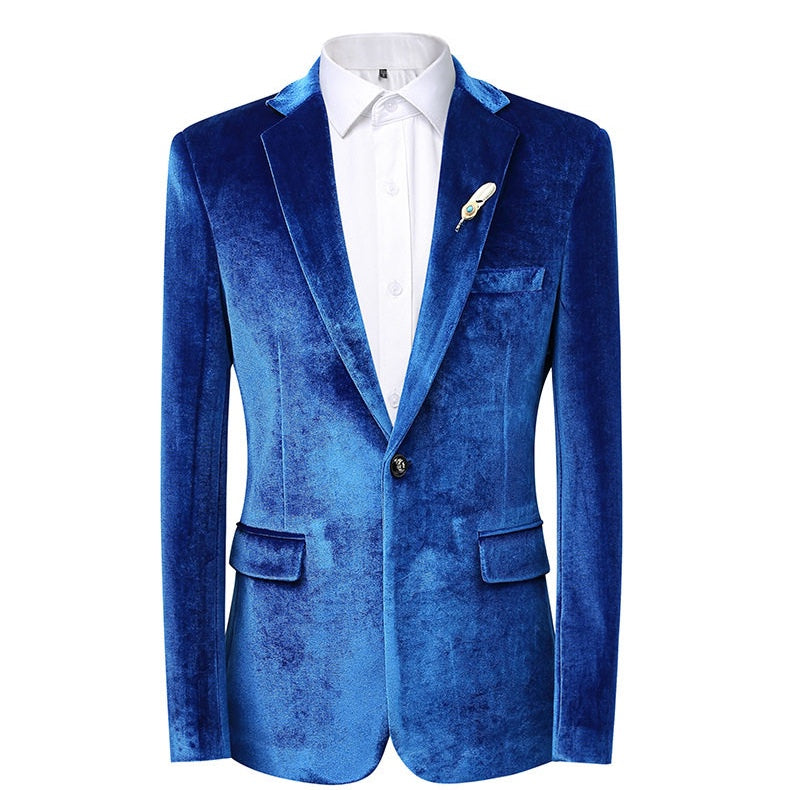 A collection of men's velvet suits in blue, red, gold, purple, and green, each featuring a one-button blazer with a feather