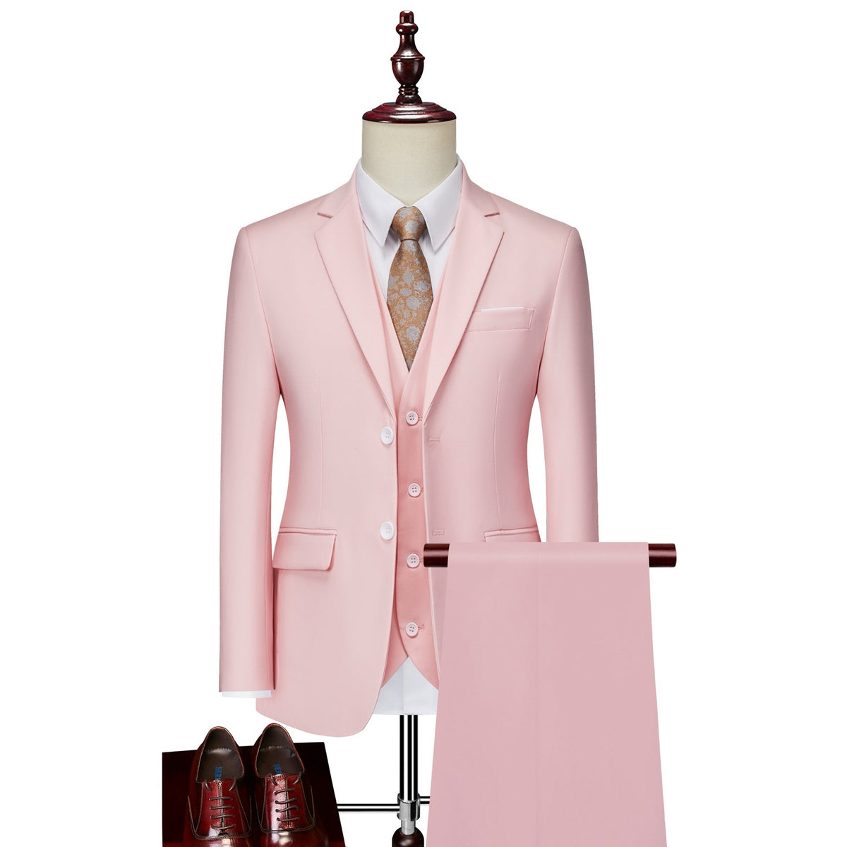Men's slim fit 3 piece suit in various colors, featuring a jacket, vest, and trousers, styled with a white shirt, tie, and