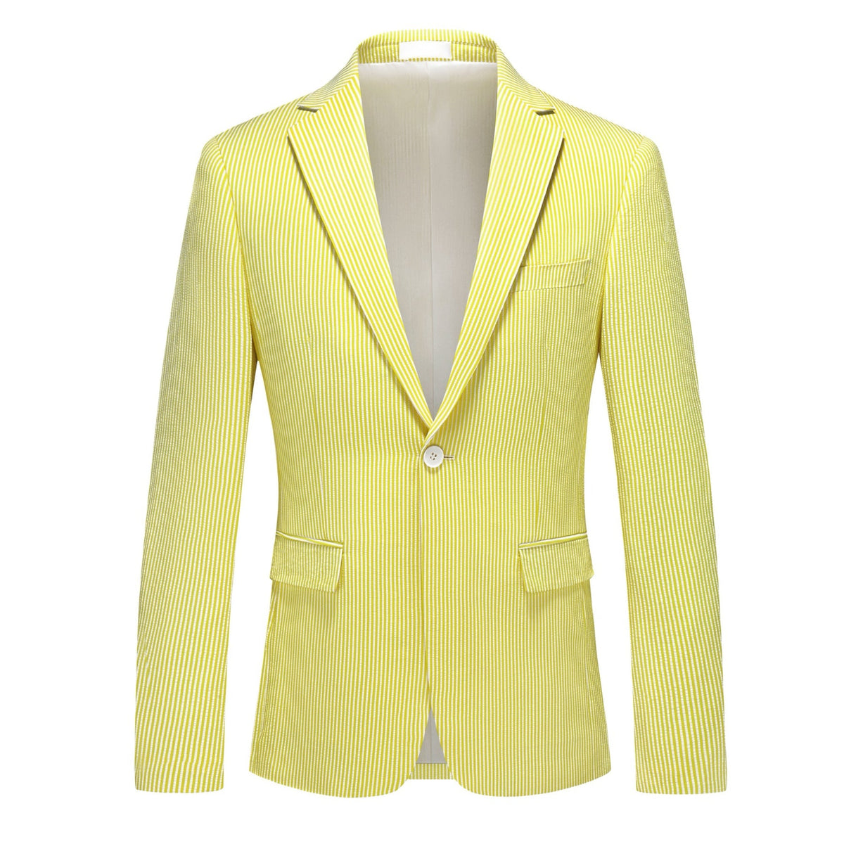 Front view of a men's yellow and white striped seersucker two-piece suit with a single-breasted jacket, notched lapels, and