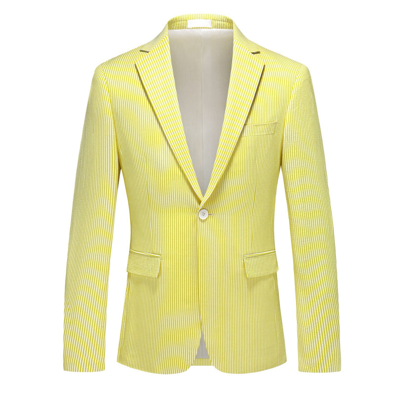 Front view of a men's yellow and white striped seersucker two-piece suit with a single-breasted jacket, notched lapels, and