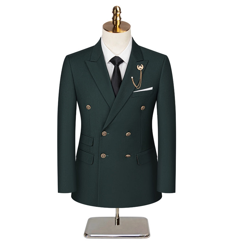 Full view of a men's dark green double-breasted suit with gold buttons, white shirt, and black tie on a mannequin.