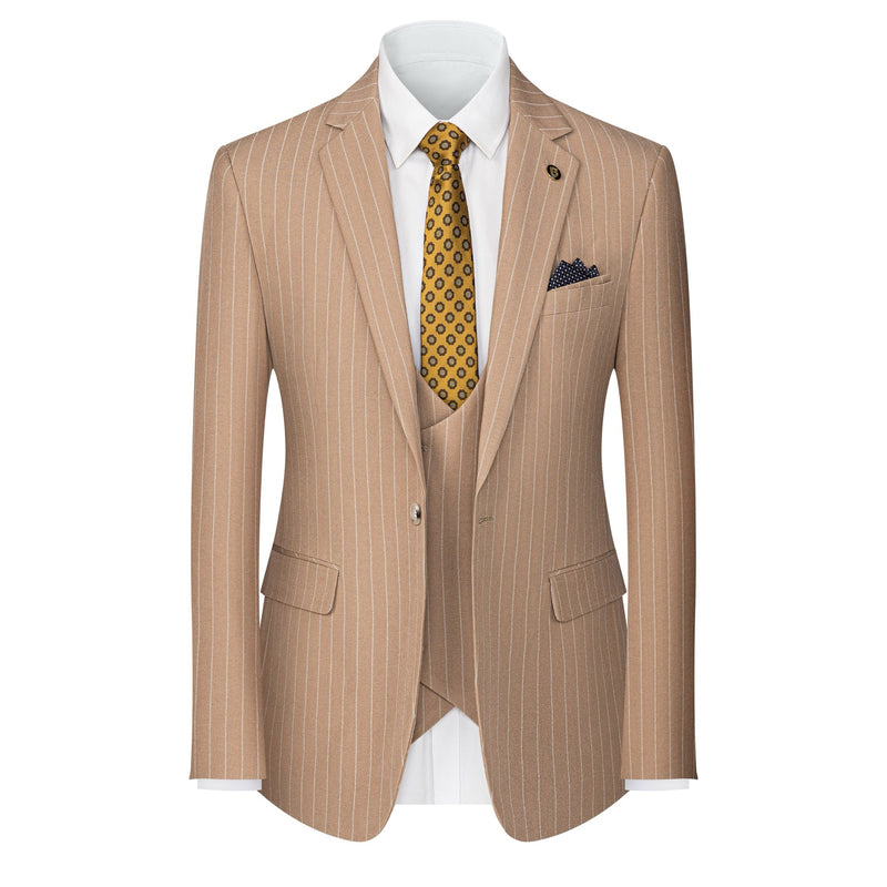 Men's beige pinstripe three-piece suit with a single-breasted jacket, double-breasted vest, and matching trousers, styled