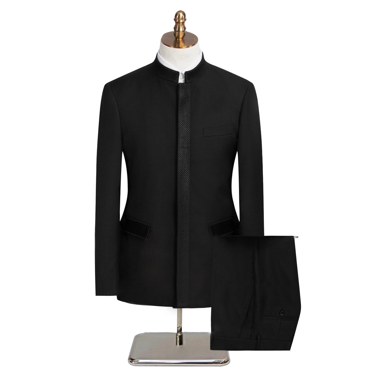 A collection of Suitmine men's mandarin collar suits in black, beige, dark green, and navy blue, featuring textured trim