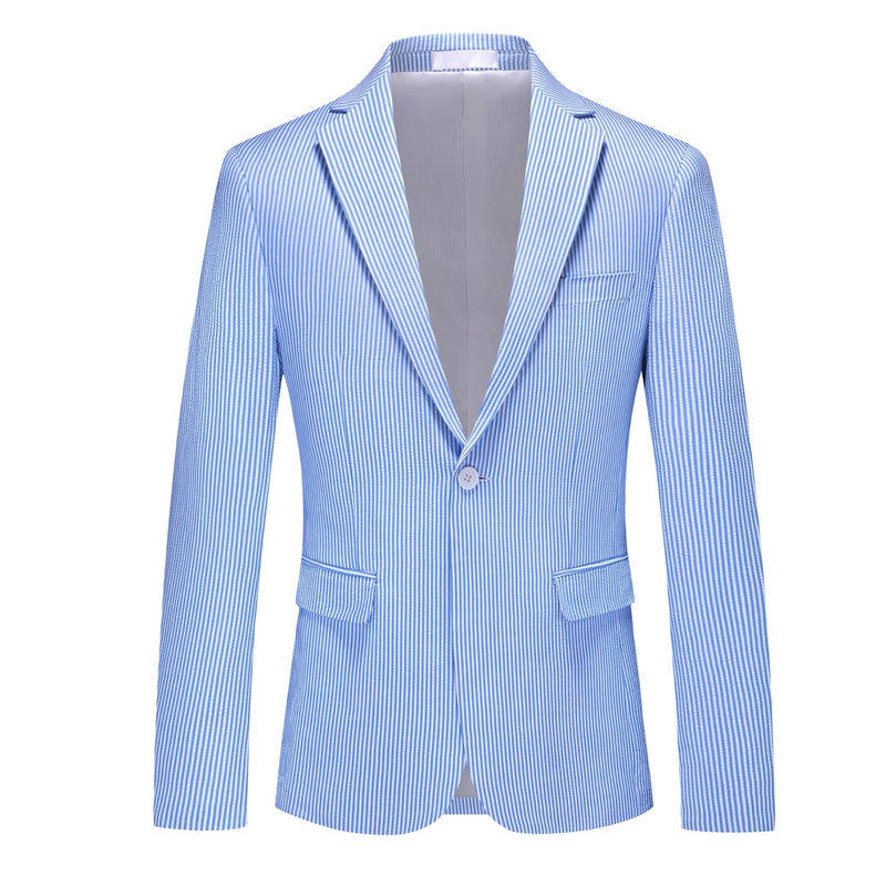 Front view of a men's light blue and white striped seersucker suit, including a single-breasted jacket and matching trousers.