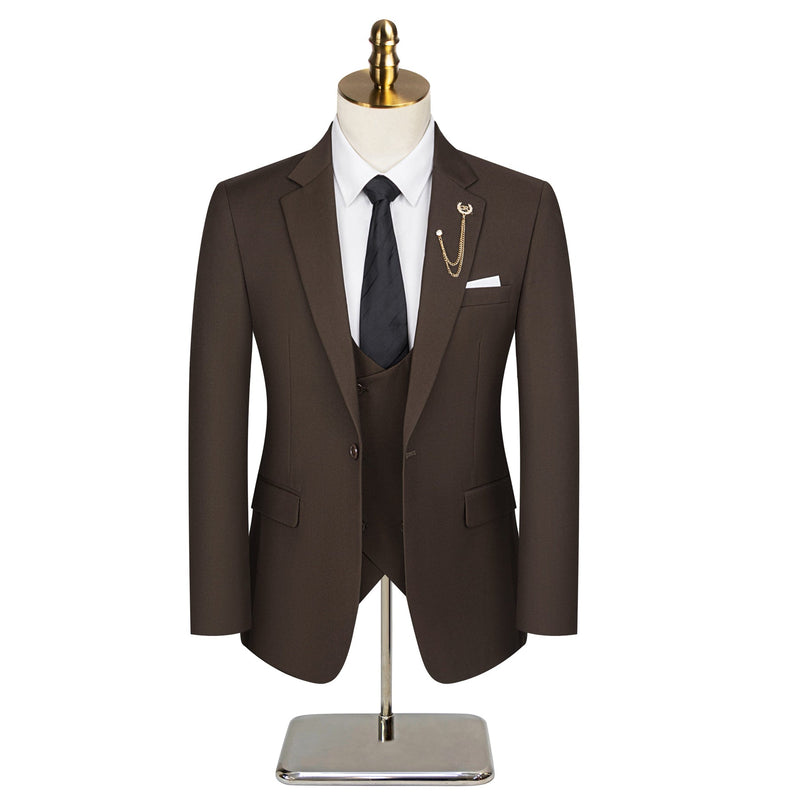 Full view of a men's brown 3-piece suit on a mannequin, including a single-breasted jacket, double-breasted vest, and
