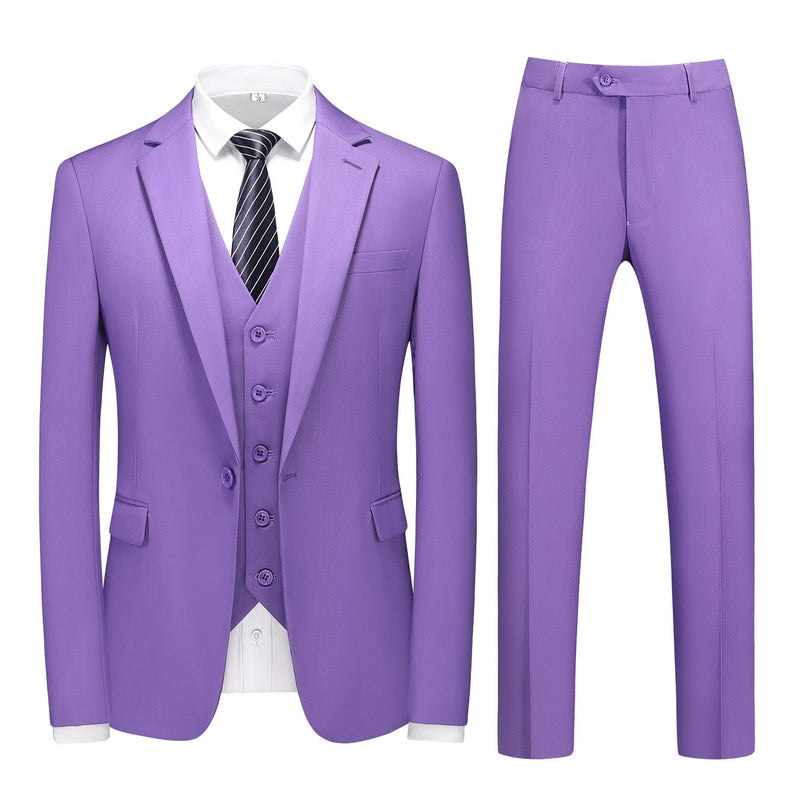 Men's purple three-piece suit, including a blazer, vest, and trousers, displayed on a mannequin with a white shirt and
