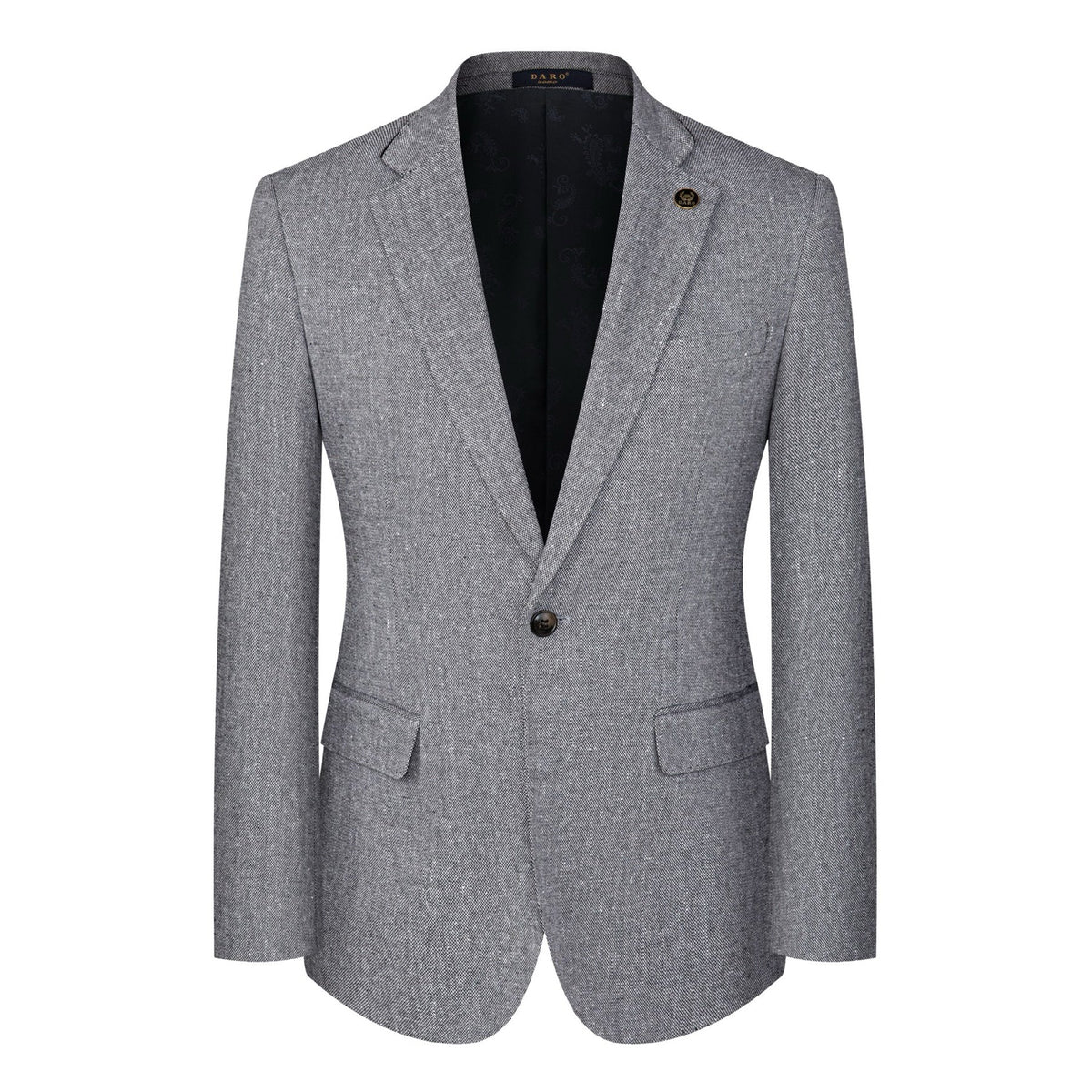 A men's grey textured three-piece suit with a single-breasted jacket, vest, and trousers, featuring black elbow patches on