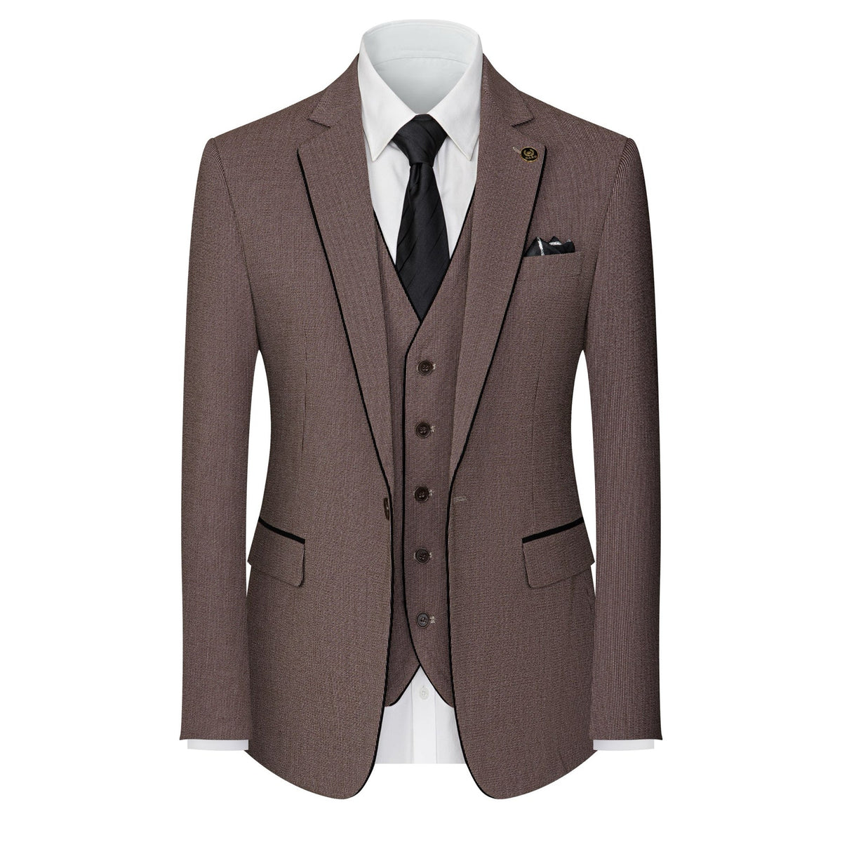 Men's brown three-piece suit with black contrast trim, including a jacket, vest, and trousers, displayed on a mannequin.