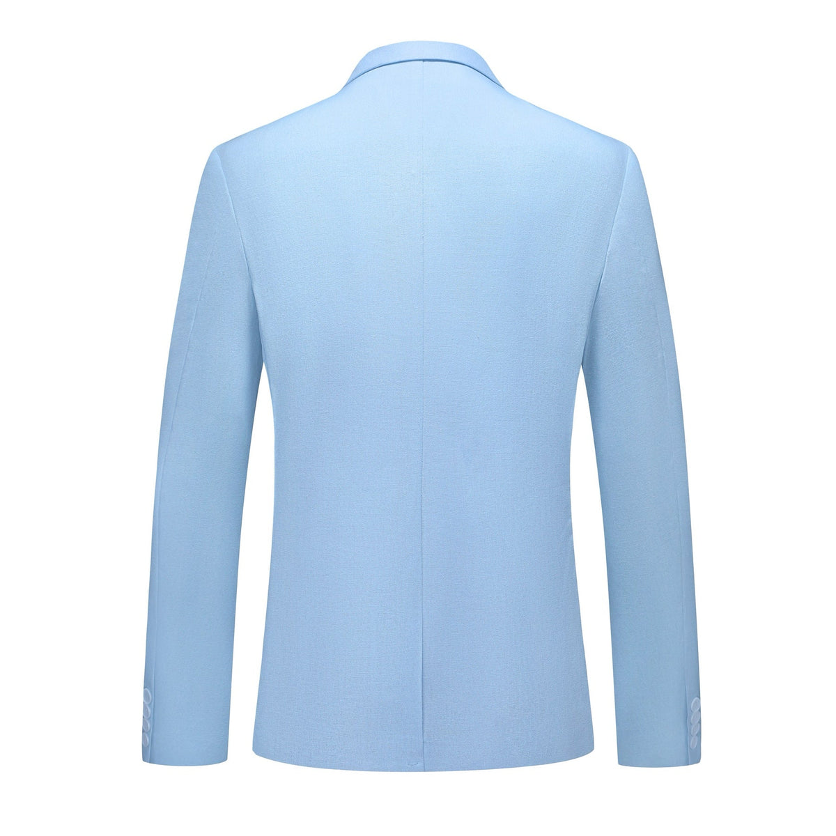 Front view of a men's light blue slim fit two-piece suit with a two-button blazer and matching trousers.