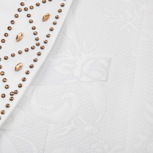 Front view of a men's white double-breasted blazer with gold studded and rhinestone-embellished shawl lapels, featuring a