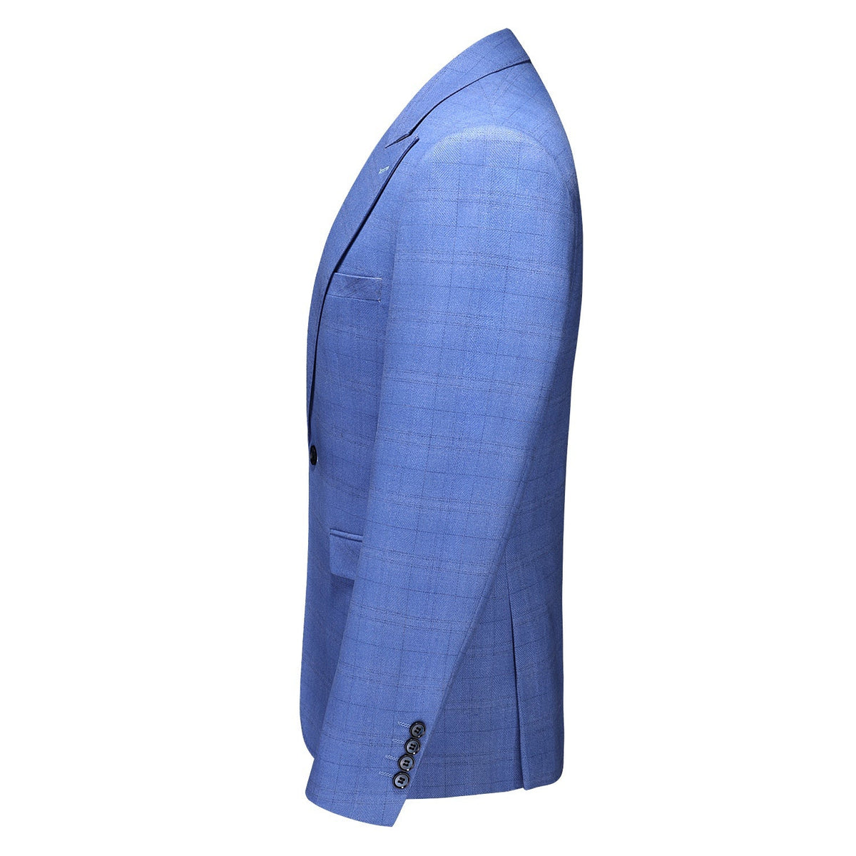Full view of a men's blue plaid three-piece suit including jacket, double-breasted vest, and trousers, styled on a mannequin.