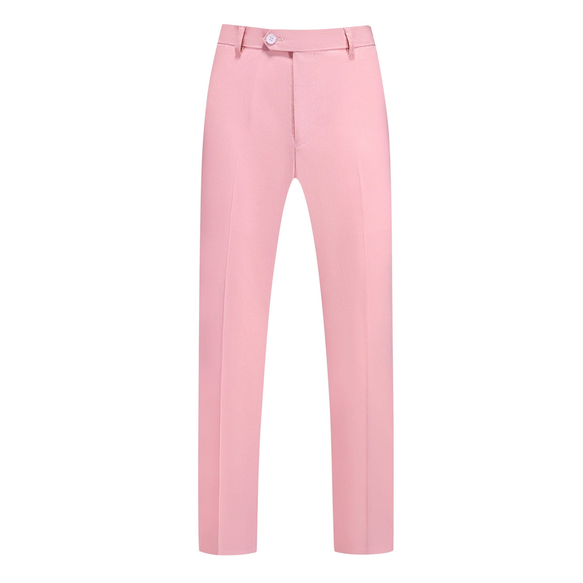 Front view of a men's light pink slim fit suit, featuring a two-button blazer and matching trousers.